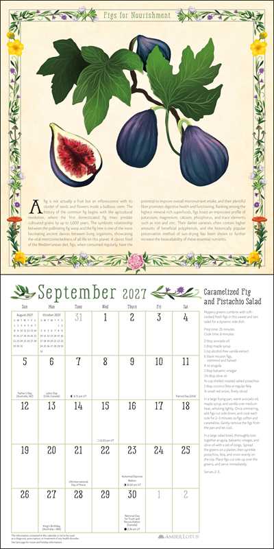 A botanical September 2027 calendar page featuring illustrated figs and pistachios, with a monthly grid and recipe text below on a cream background.