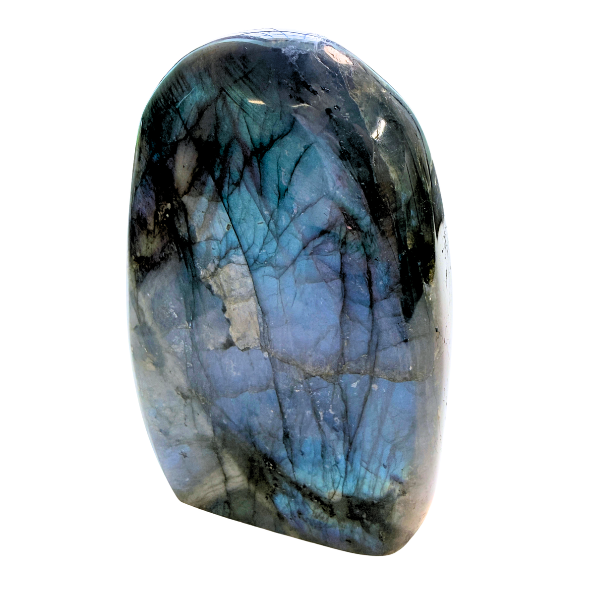 Side angle of Labradorite Free Form Piece with blue green flash on a white background
