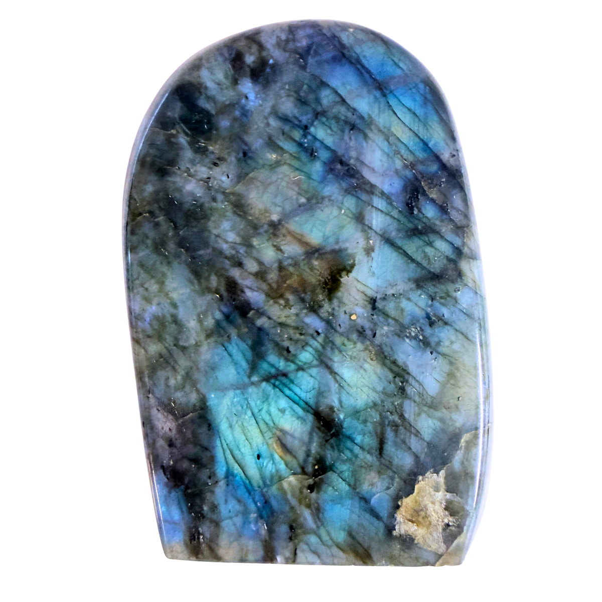 Labradorite Free Form Standing Stone Medium with blue green flash on a white background