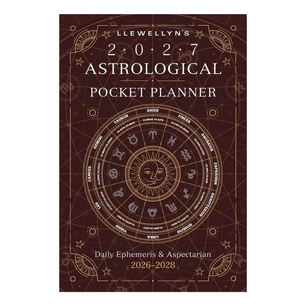 Llewellyn's 2027 Astrological Pocket Planner cover, featuring a dark brown background with gold celestial diagrams, zodiac wheel, and white text.