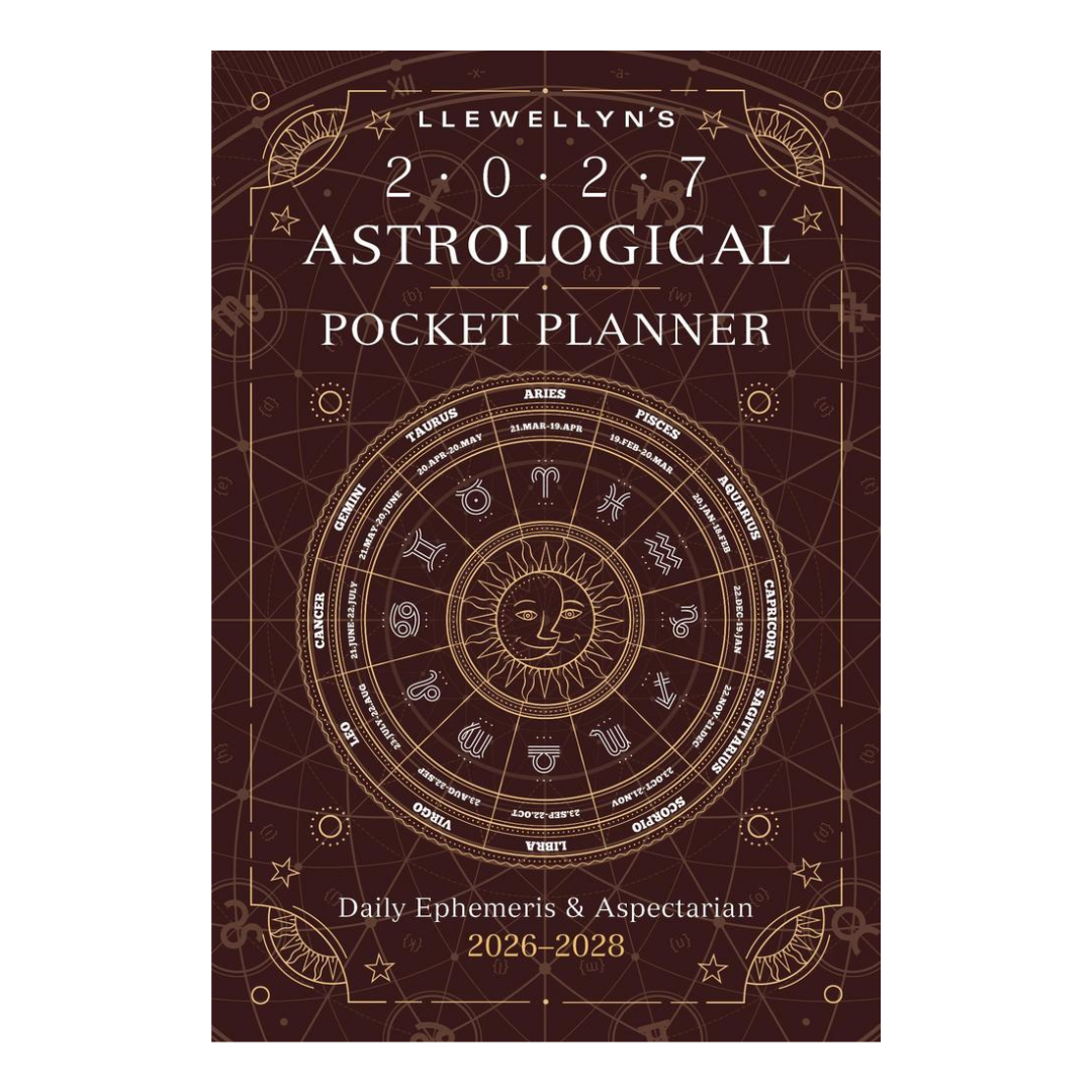 Llewellyn's 2027 Astrological Pocket Planner cover, featuring a dark brown background with gold celestial diagrams, zodiac wheel, and white text.