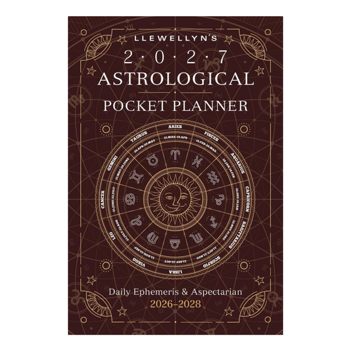 Llewellyn's 2027 Astrological Pocket Planner cover, featuring a dark brown background with gold celestial diagrams, zodiac wheel, and white text.