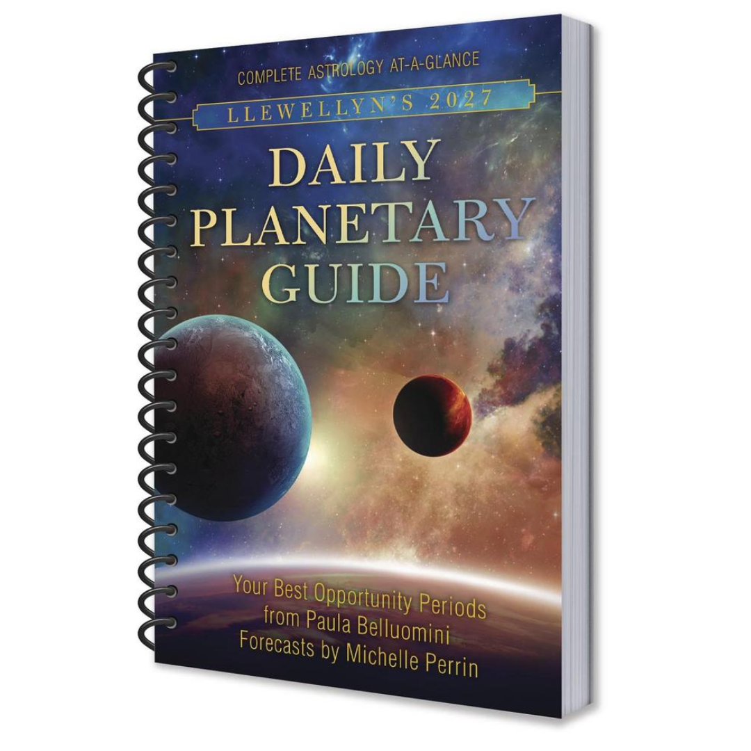 A spiral-bound book titled 'Daily Planetary Guide' by Llewellyn's 2027, featuring a space-themed cover with planets and a starry nebula background.