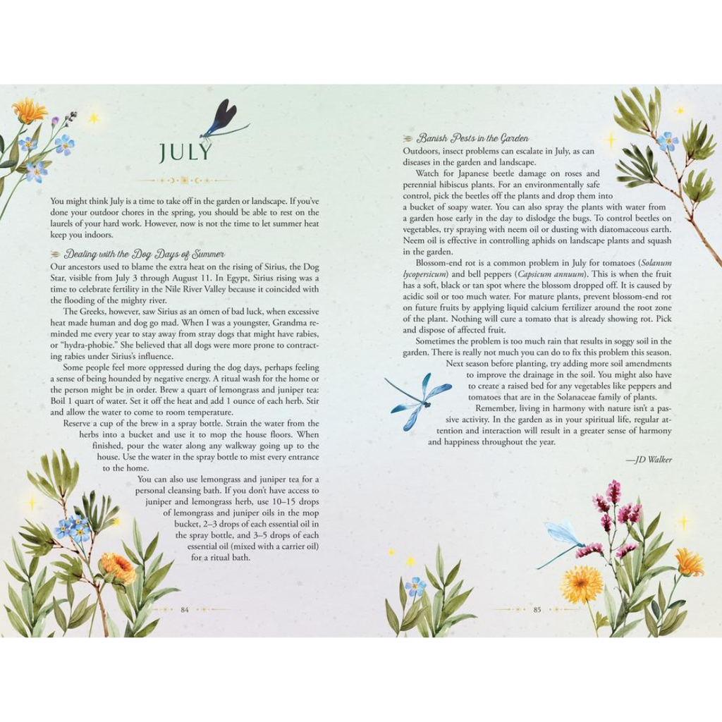 A printed page with two columns of text about gardening in July, decorated with watercolor-style botanical illustrations at the top and bottom. The page is photographed against a white background.