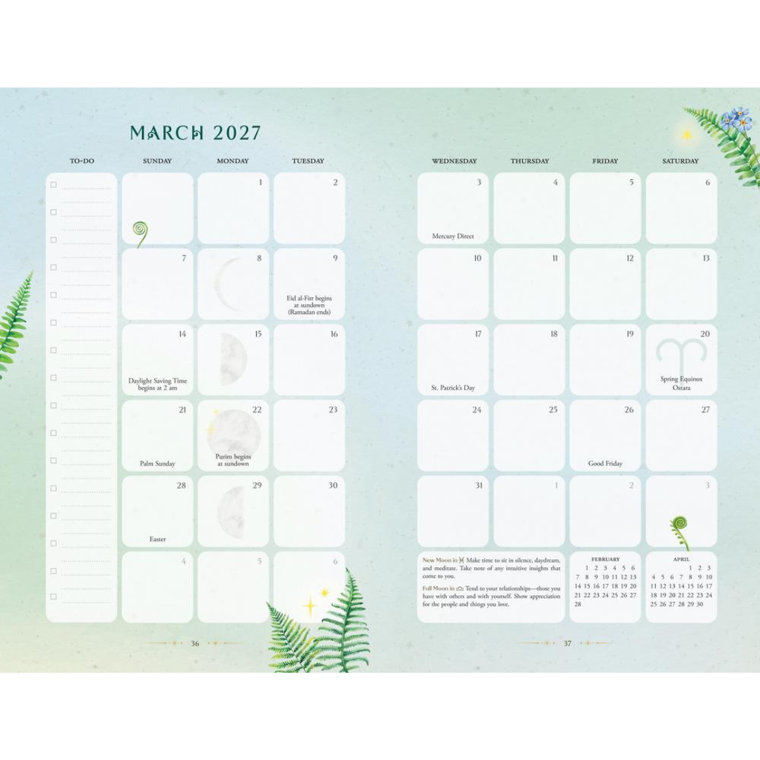 A pastel monthly planner spread for March 2027, with two large calendar grids, a weekly to-do column on the left, and small decorative botanical illustrations on a light mint background.