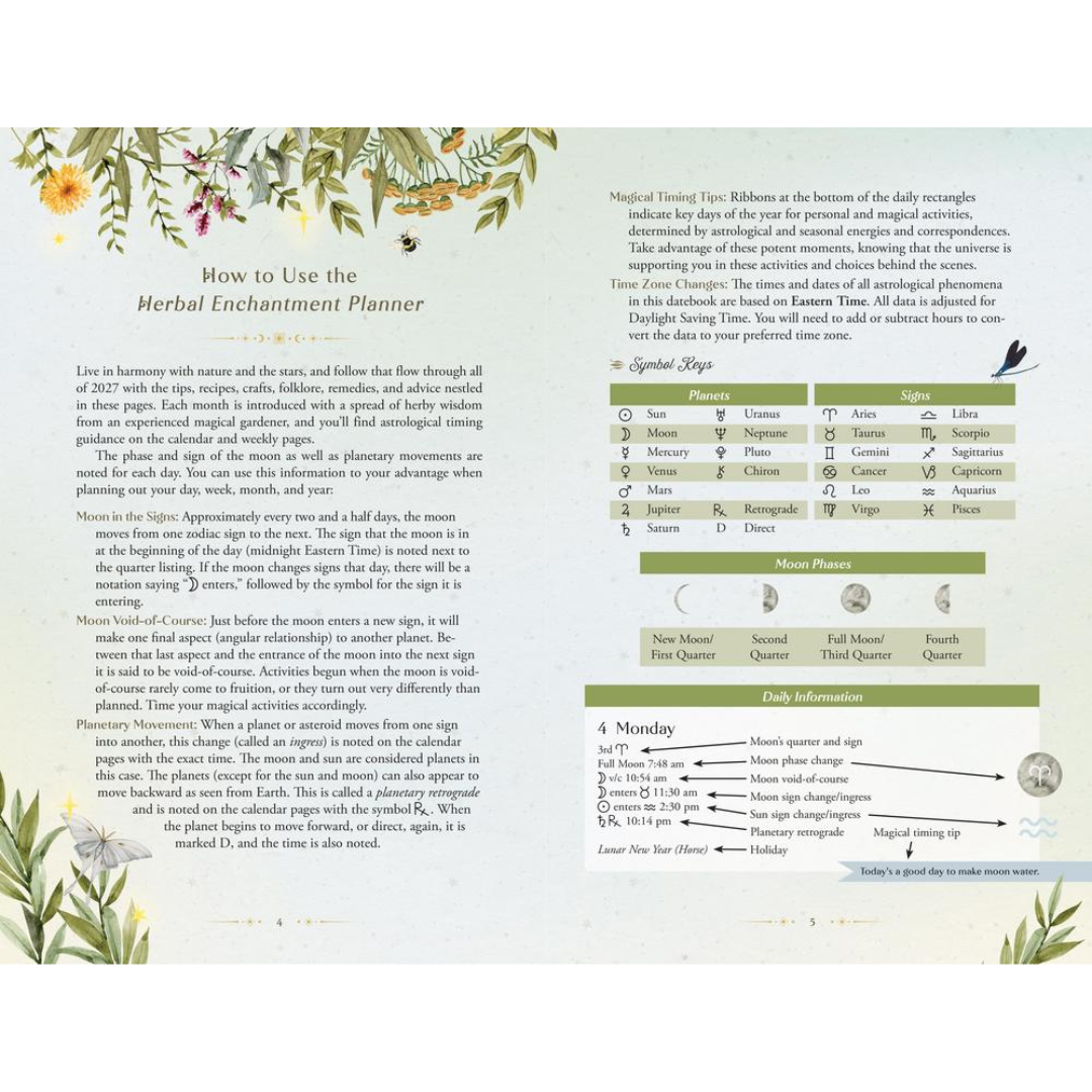 A flat, front-facing view of a printed informational sheet titled 'How to Use the Herbal Enchantment Planner.' The page has decorative botanical borders, explanatory text, a small table labeled 'Spouter Signs,' a 'Planas Moles' chart, and a 'Daily Indicators' section, all on a white background.