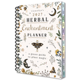 Llewellyn's 2027 Herbal Enchantment Planner, featuring a cream-colored cover decorated with botanical illustrations, a butterfly, crescent moons, and a black spiral binding. The colorful monthly tabs along the side are labeled for the months of the year.