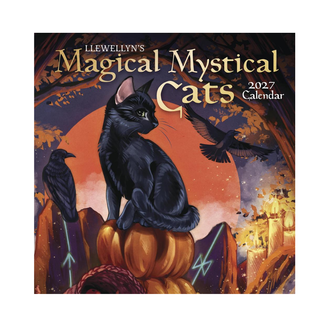 Llewellyn's Magical Mystical Cats 2027 Calendar cover featuring a black cat sitting on pumpkins in front of a large orange moon, with crows, candles, and a witch's hat in a mystical scene.