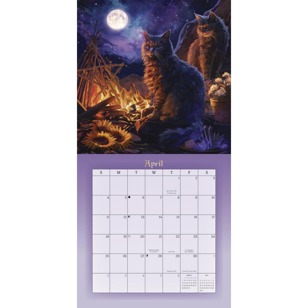 A vertical wall calendar page showing a fantasy-style illustration of two cats around a campfire under a full moon, with a purple April calendar grid below.