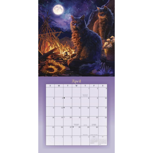 A vertical wall calendar page showing a fantasy-style illustration of two cats around a campfire under a full moon, with a purple April calendar grid below.