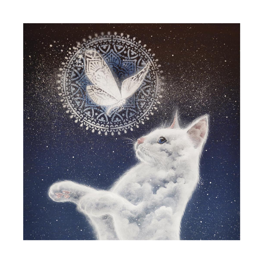 A square art print featuring a white kitten reaching upward toward a glowing white butterfly within a circular mandala, set against a dark starry sky. The print is centered on a white background.
