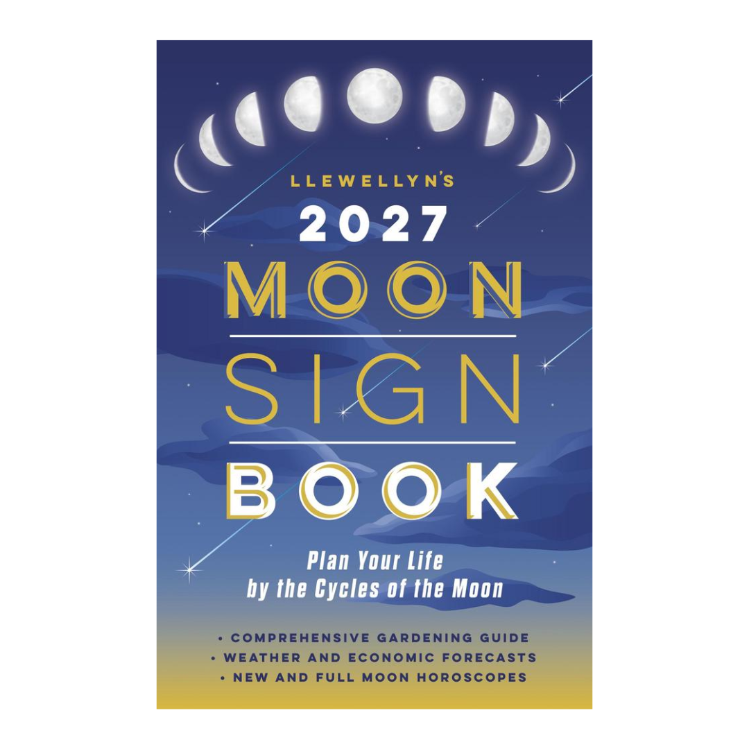 Llewellyn's 2027 Moon Sign Book cover shown against a white background. The cover features a dark blue night sky with moon phases at the top, gold and white text, and a subtle mountain silhouette near the bottom.