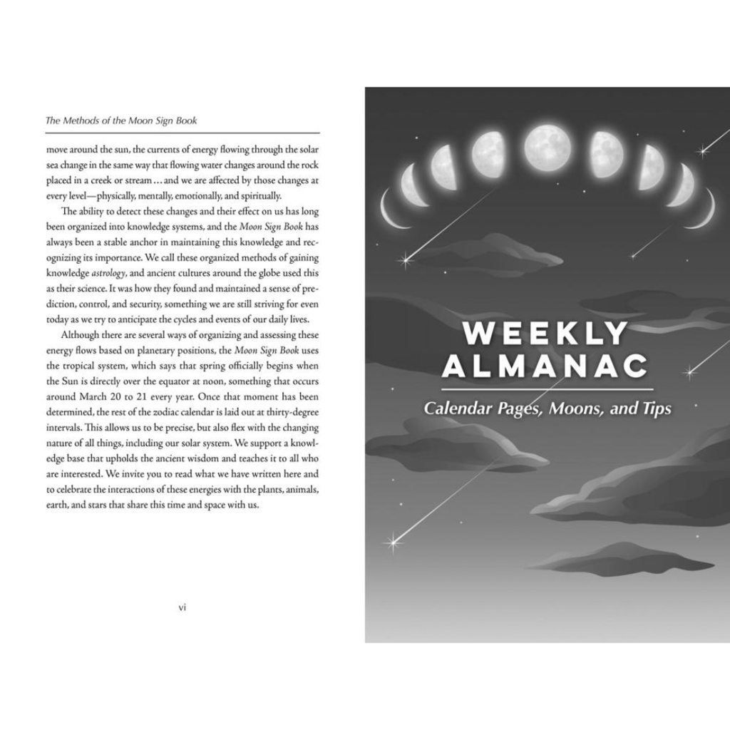 A book spread showing the interior text page on the left and the cover on the right. The cover reads 'Weekly Almanac' with 'Calendar Pages, Moons, and Tips' and features a black-and-white illustration of the moon and stars.