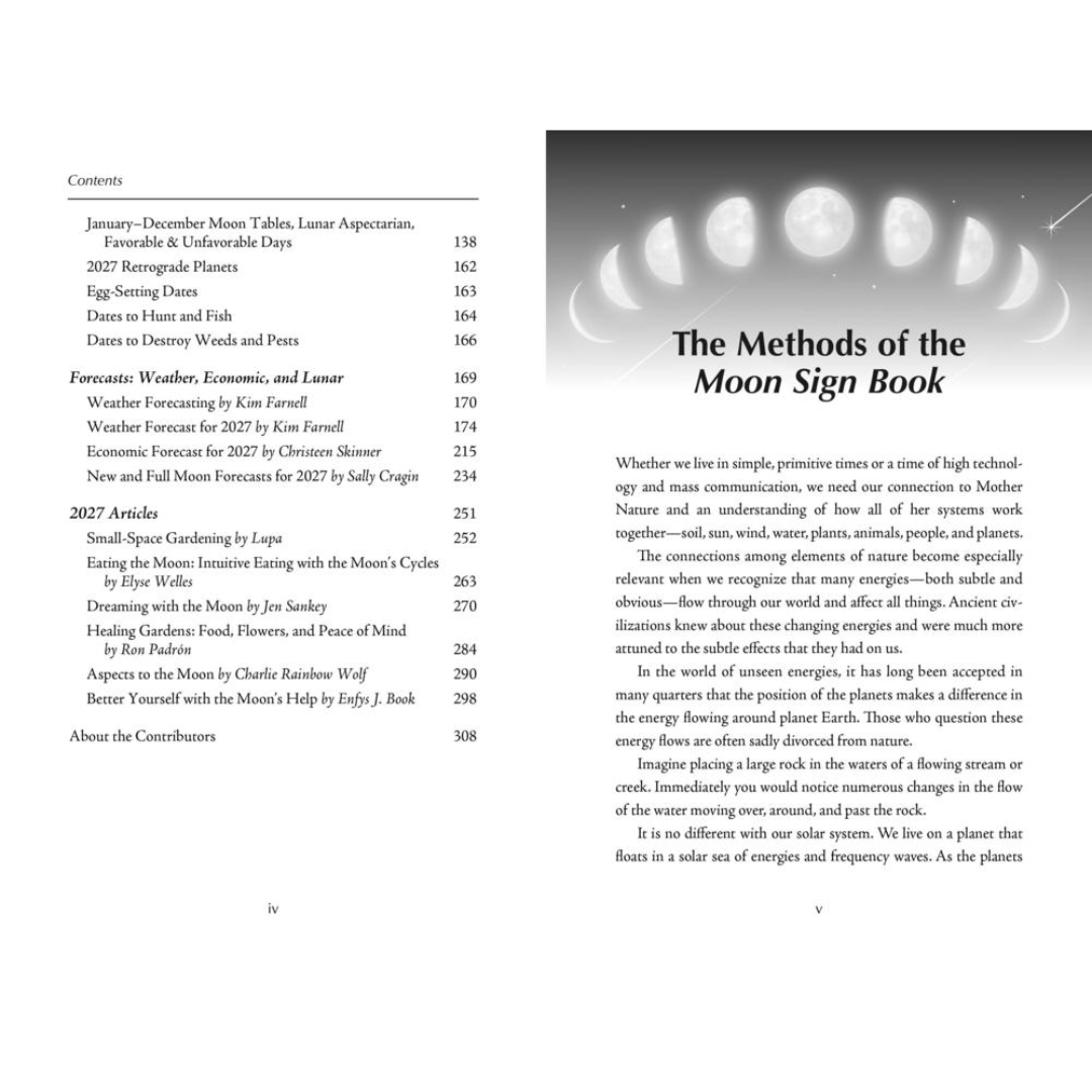 A two-page spread from a printed book or booklet showing the Contents page on the left and the front cover of the 'The Methods of the Moon Sign Book' on the right. The left page lists chapters and pages in a clean black-and-white layout, while the right page has a dark gray cover with a crescent moon illustration and the title in white text.