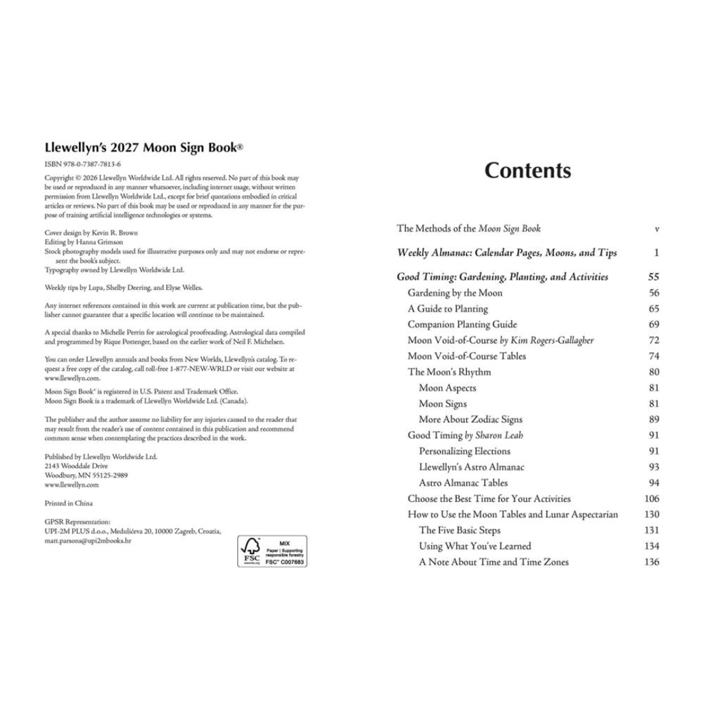 The contents page of the Lewellyn's 2027 Moon Sign Book, showing the table of contents on a white background with black text.