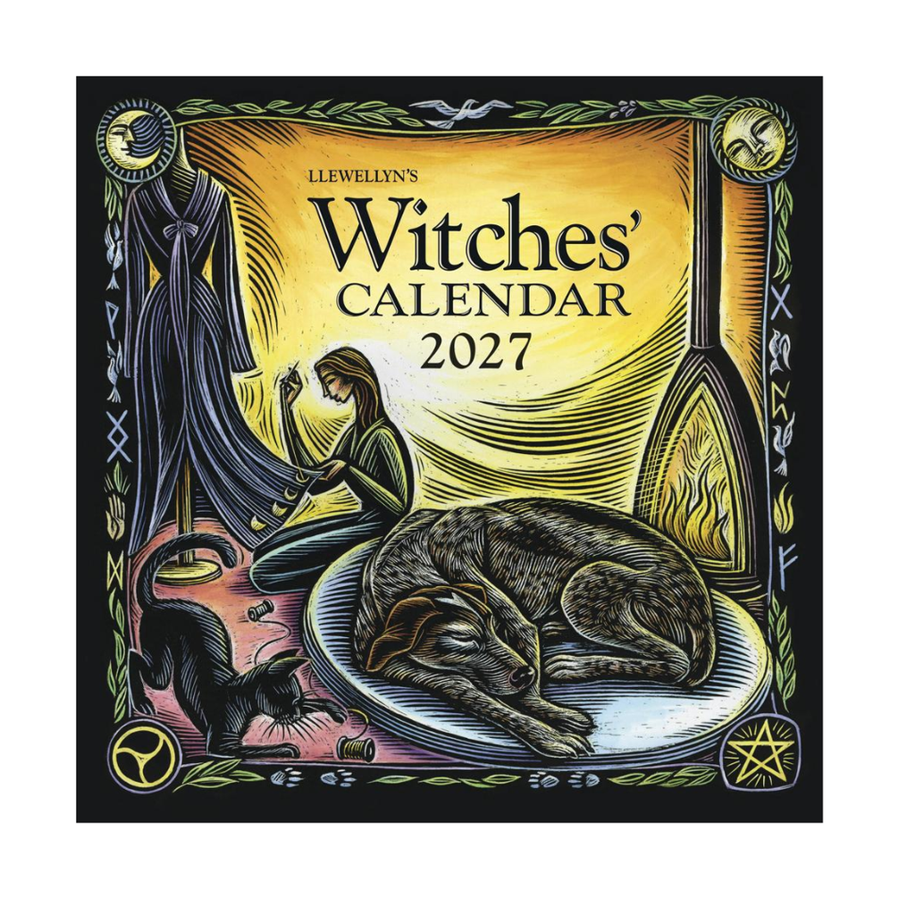 Square cover of 'Llewellyn's Witches' Calendar 2027' featuring a dark, mystical illustration with a woman seated by a cauldron, a sleeping dog on a plate, a cat, and a pentagram symbol, set against a black background with ornate border details.