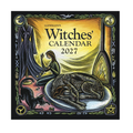 Square cover of 'Llewellyn's Witches' Calendar 2027' featuring a dark, mystical illustration with a woman seated by a cauldron, a sleeping dog on a plate, a cat, and a pentagram symbol, set against a black background with ornate border details.