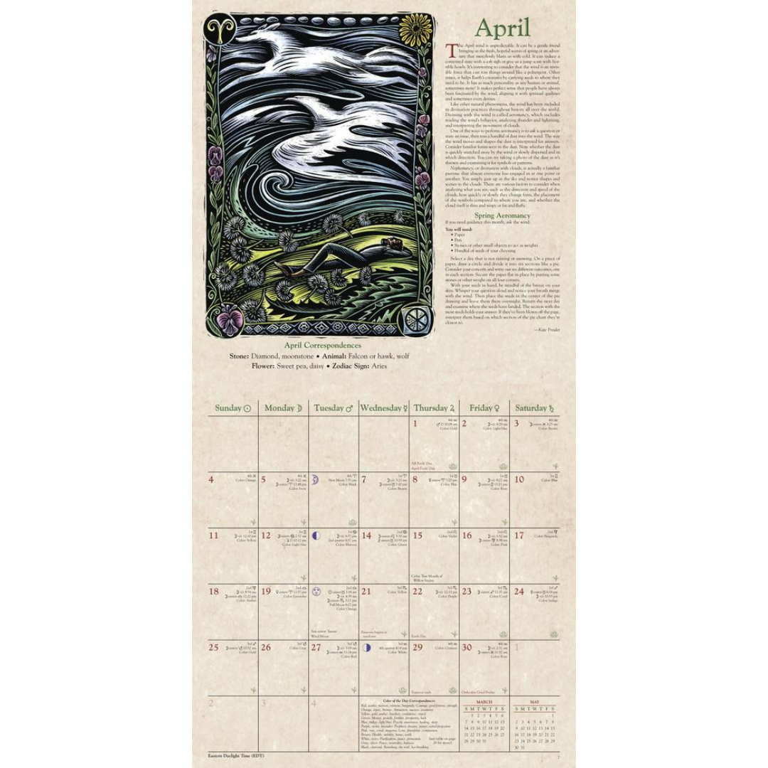 A vintage-style April calendar page featuring an ornate black, white, and green illustration of a bird in a decorative frame at the top, with a column of text and a monthly calendar grid below on a cream background.