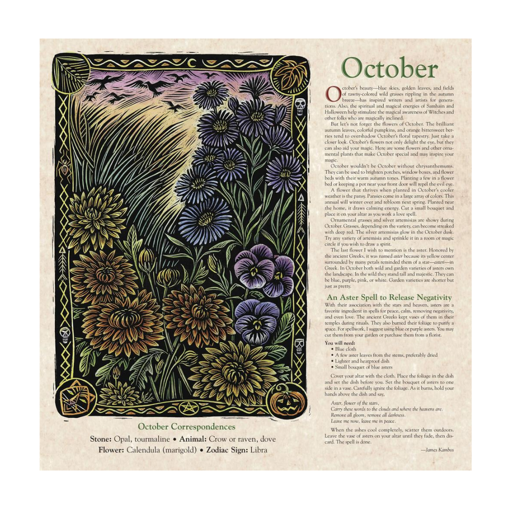 An October-themed art print featuring a decorative floral illustration on the left with purple flowers and green leaves, alongside a column of text on the right titled 'October' with seasonal and astrological information.
