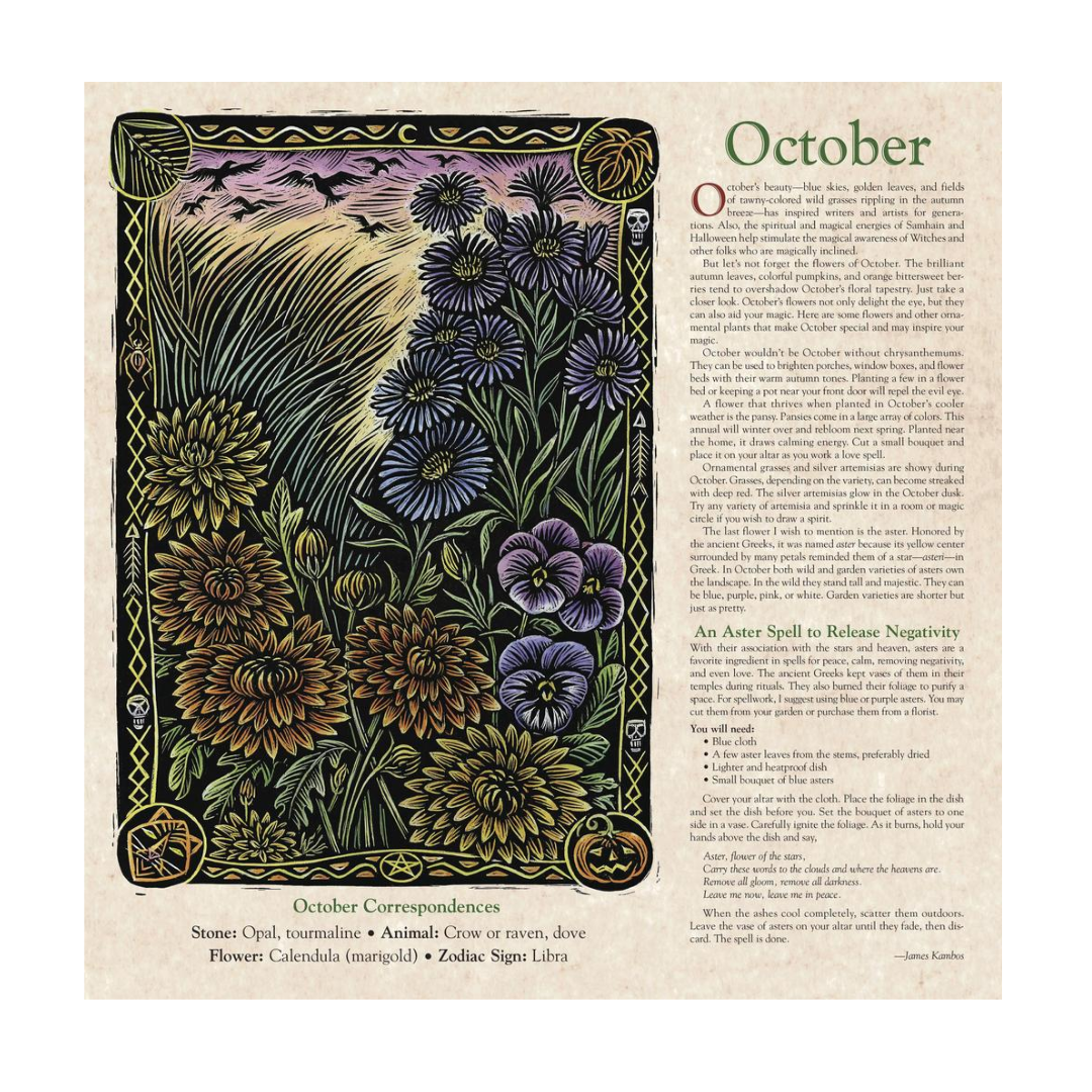 An October-themed art print featuring a decorative floral illustration on the left with purple flowers and green leaves, alongside a column of text on the right titled 'October' with seasonal and astrological information.