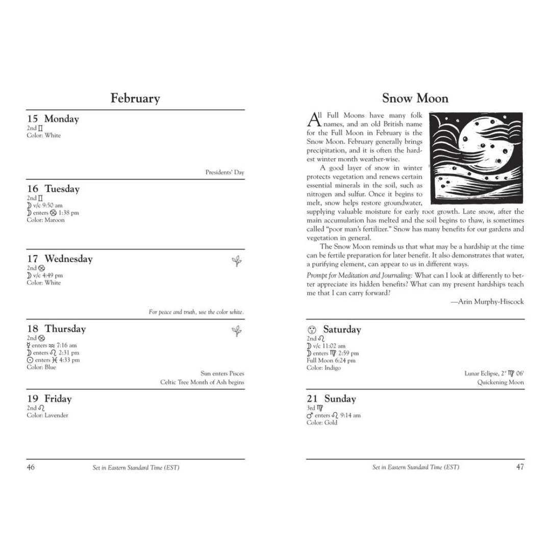 A printed page from a book or journal showing a February calendar layout with weather notes, a small snow moon illustration, and a quote by Anne Moody Hockstuck.