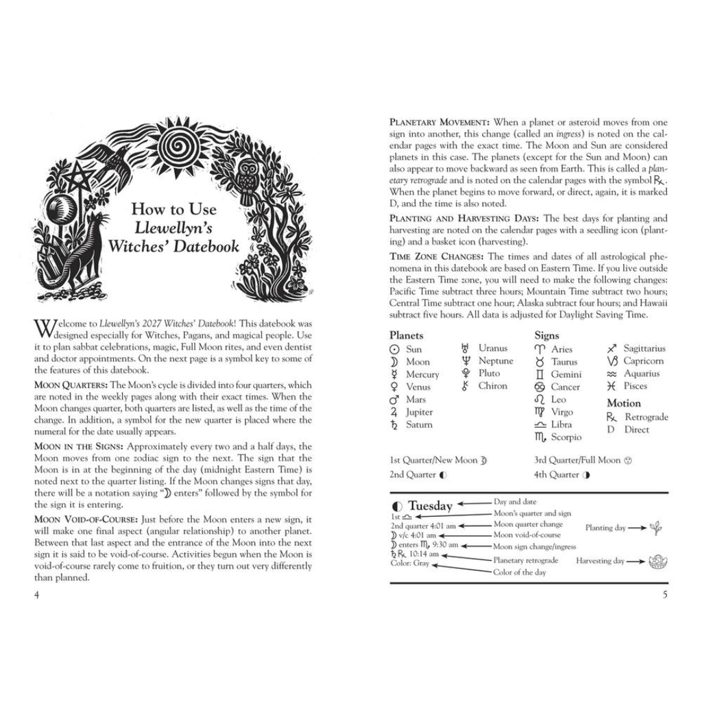 The back cover of a book titled 'How to Use Lewlyn's Witch's Datebook', showing the inside layout with text sections, a moon phase chart, a planets reference table, and a Tuesday calendar diagram.