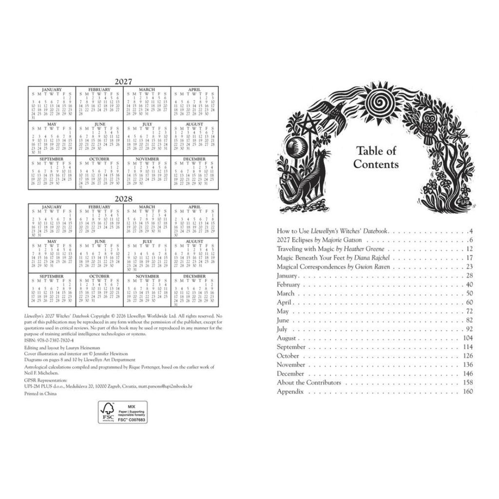 The back cover of a book, showing two calendar pages for 2027 and 2028 on the left, a decorative floral illustration and the title 'Table of Contents' on the right, plus small copyright and publisher text at the bottom.