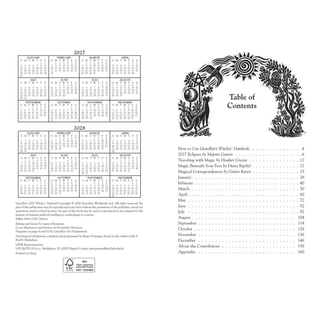 The back cover of a book, showing two calendar pages for 2027 and 2028 on the left, a decorative floral illustration and the title 'Table of Contents' on the right, plus small copyright and publisher text at the bottom.