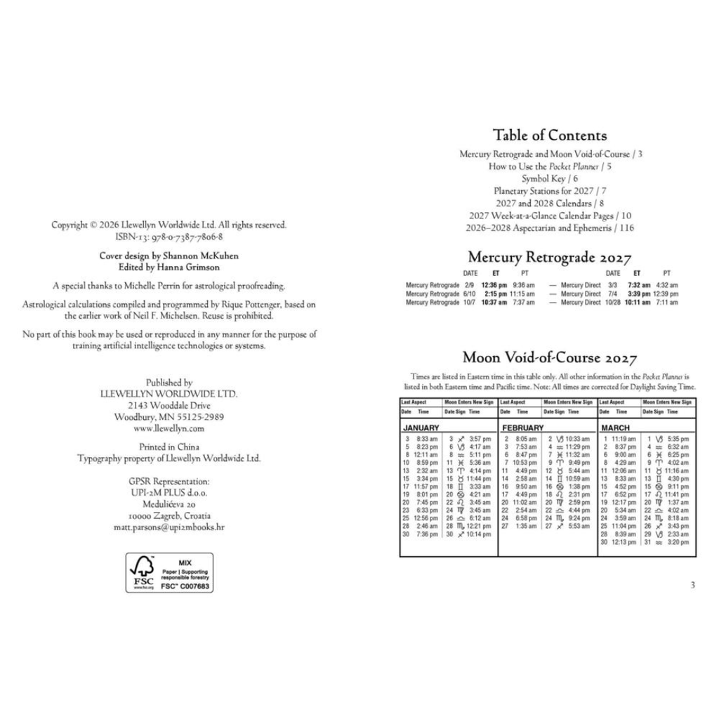The back cover of a book, showing the table of contents, copyright information, publisher details, and a calendar page for Mercury Retrograde 2027.