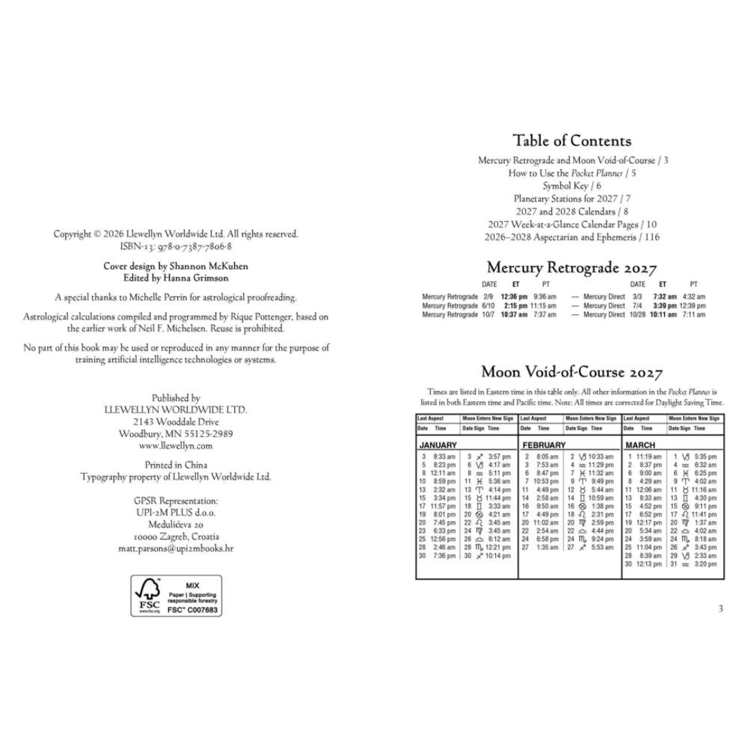 The back cover of a book, showing the table of contents, copyright information, publisher details, and a calendar page for Mercury Retrograde 2027.