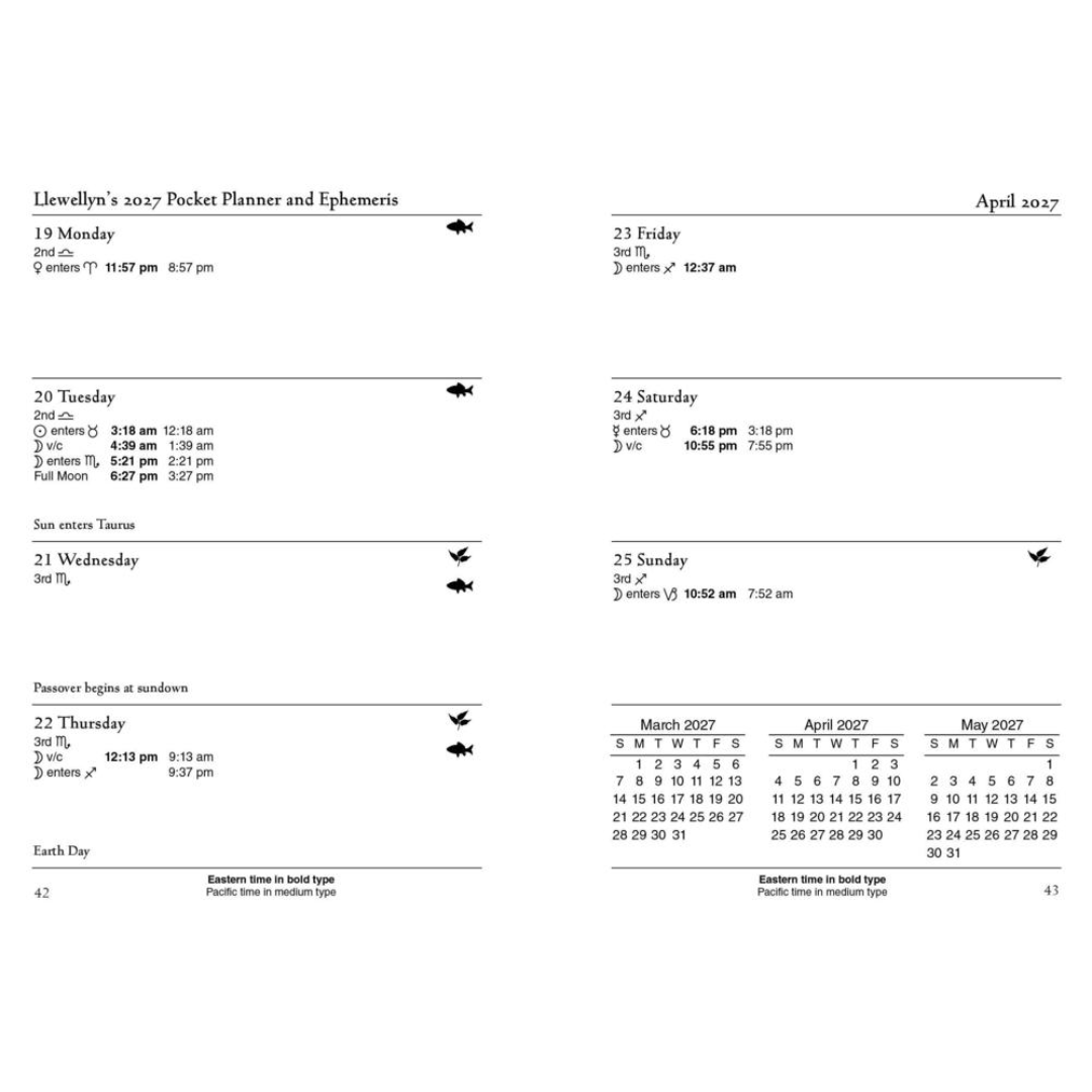 A two-page spread of a printed pocket planner or calendar insert for April 2027, with daily time slots, weekly summaries, and small calendar grids at the bottom.