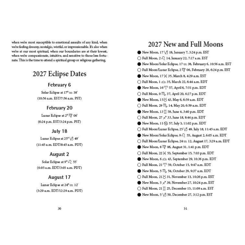A printed page showing a list of eclipse dates and times for 2027, with headings '2027 Eclipse Dates' and '2027 New and Full Moons,' plus small circular date markers next to each entry.