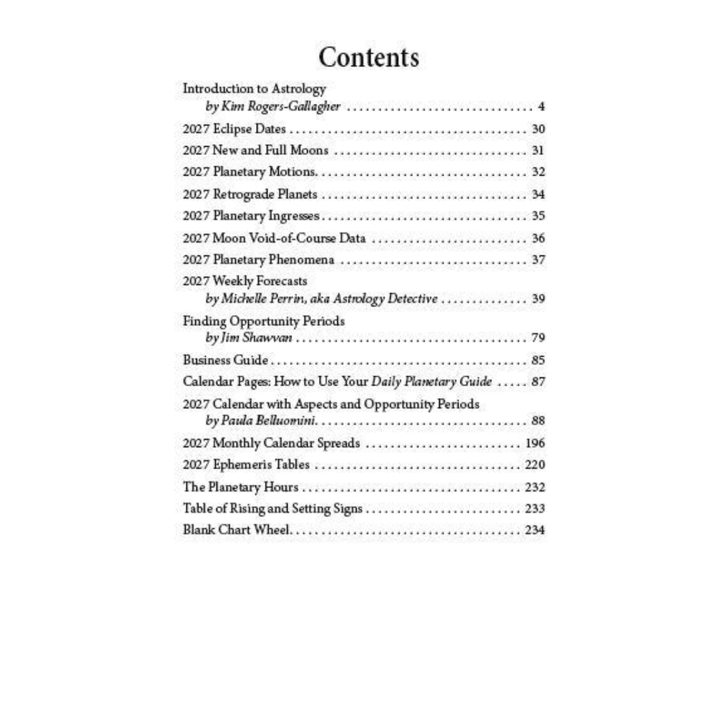 A printed table of contents page from a astrology-related book or guide, with black text on a white page listing chapter titles and page numbers.