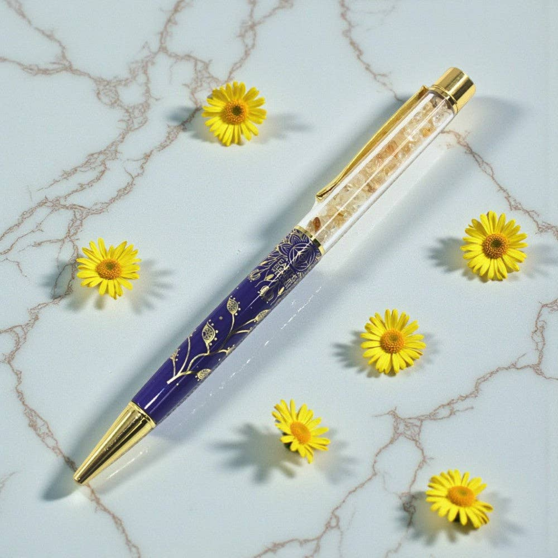 Lotus Flower Pen Blue Gold citrine Chips