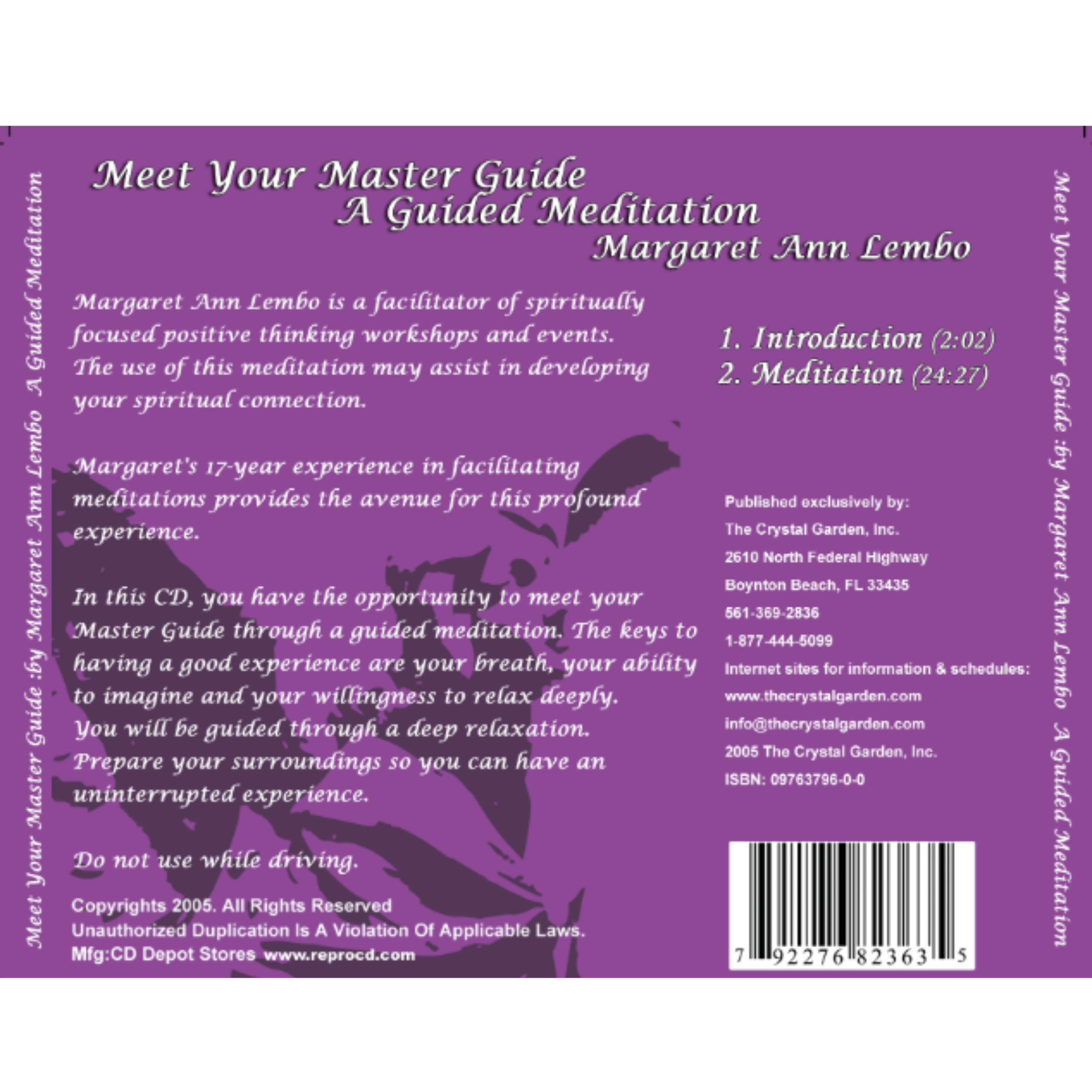 Back cover of a guided meditation CD in MP3 format titled 'Meet Your Master Guide: A Guided Meditation' by Margaret Ann Lembo, with a purple background.