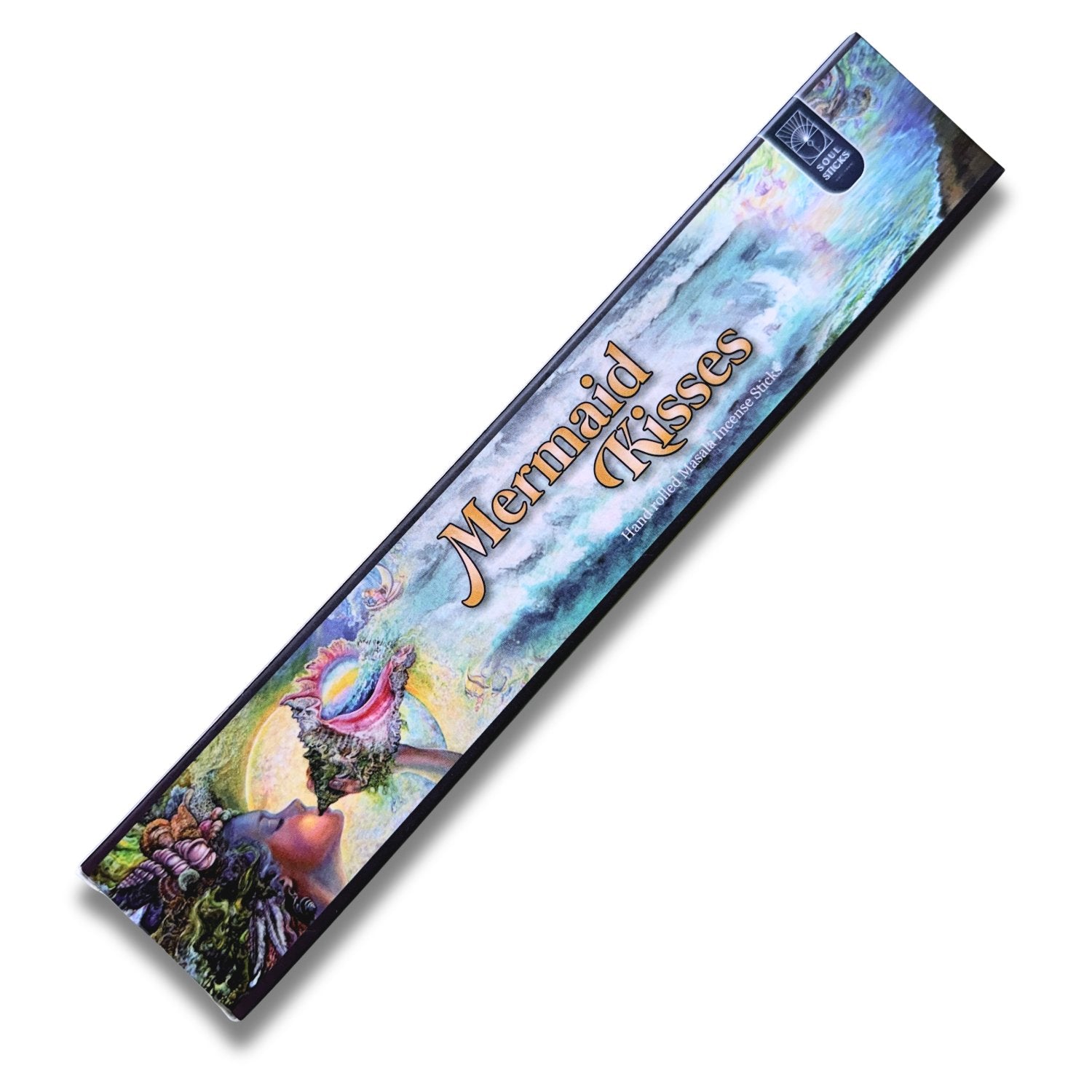 Mermaid Kisses incense box featuring a colorful fantasy illustration of a mermaid and seashells, with the product name in gold lettering, shown on a plain white background.