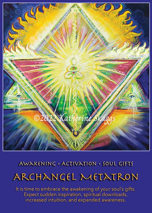 A colorful spiritual art print featuring an Archangel Metatron design with a glowing central symbol, radiating light, and flame-like shapes. The artwork is framed by a dark blue border with text reading 'AWAKENING • ACTIVATION • SOUL GIFTS' and 'ARCHANGEL METATRON,' plus a copyright watermark '©2022 Katherine Stags.