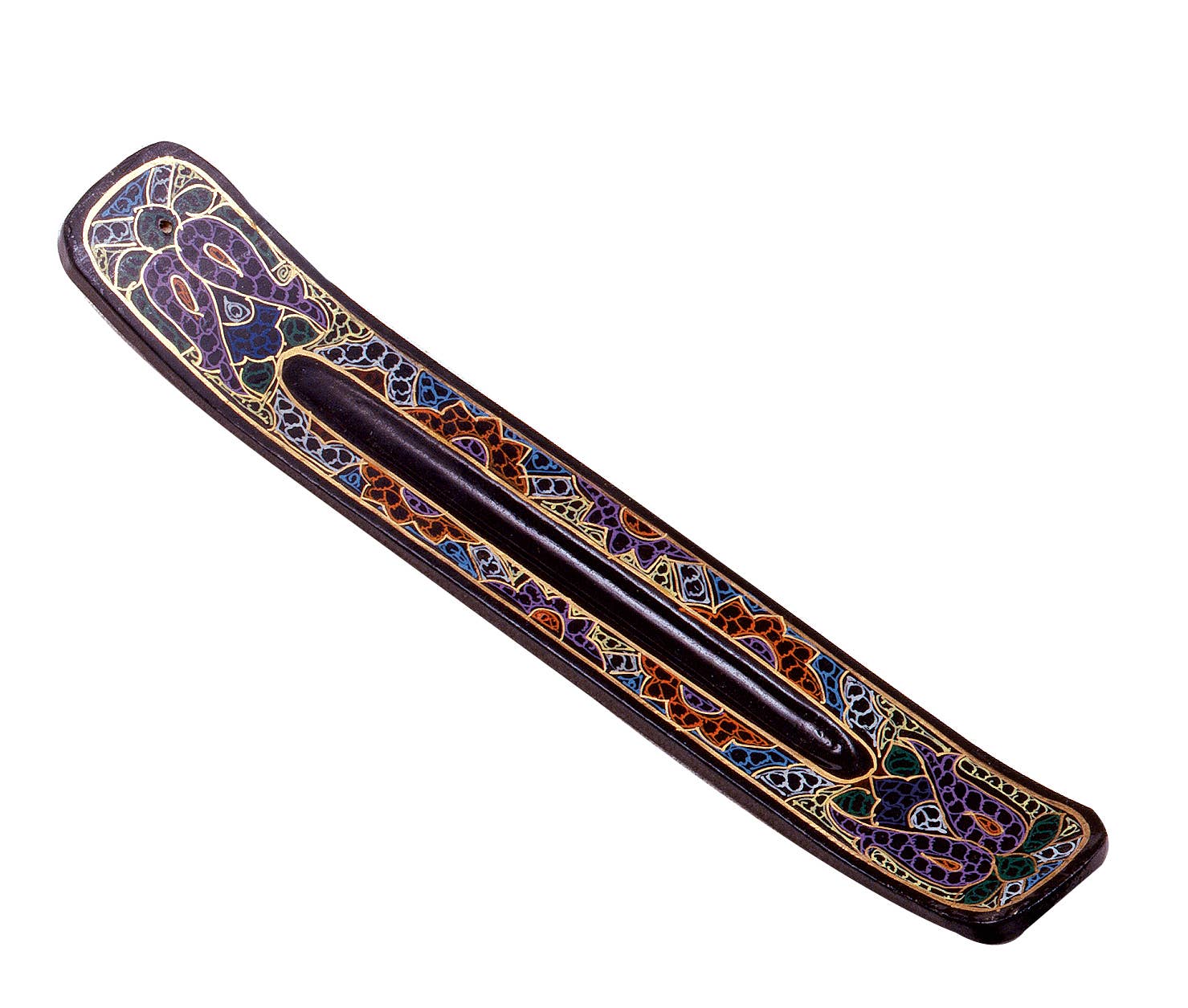 A decorative wooden incense holder with a central slot, featuring intricate multicolor floral and vine engravings in purple, blue, green, gold, and red on a dark brown wood base, shown against a plain white background.
