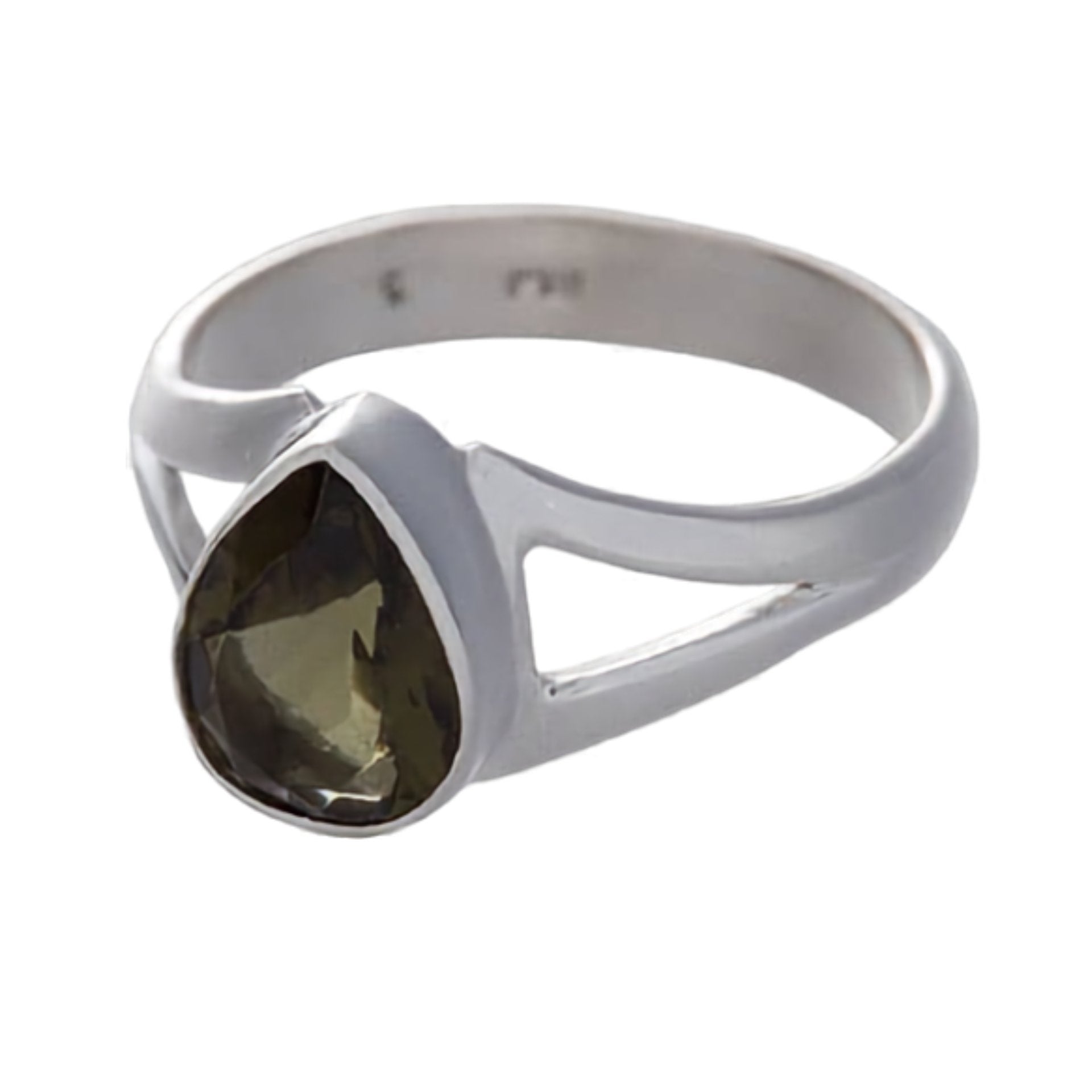 Moldavite Ring Set in Sterling Silver with a Teardrop Shaped faceted stone on a white background.
