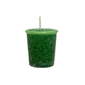 A small green taper candle with a single white wick, featuring a textured, bubbly surface, isolated on a white background.