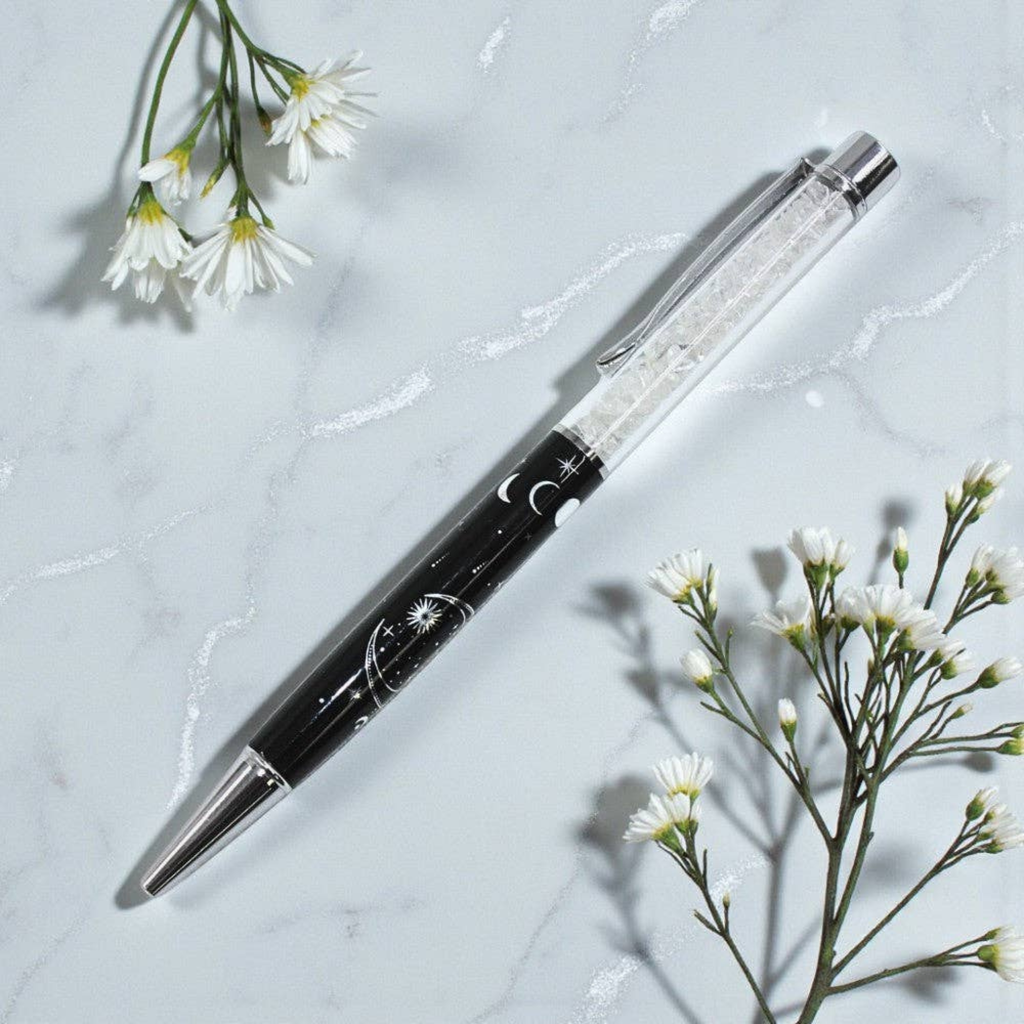 Moon Phase Black Pen with clear quartz chips