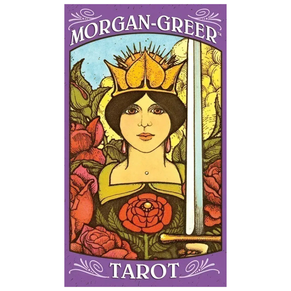 Morgan-Greer Tarot card with a woman holding a sword, surrounded by flowers on a purple background.