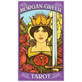 Morgan-Greer Tarot card with a woman holding a sword, surrounded by flowers on a purple background.