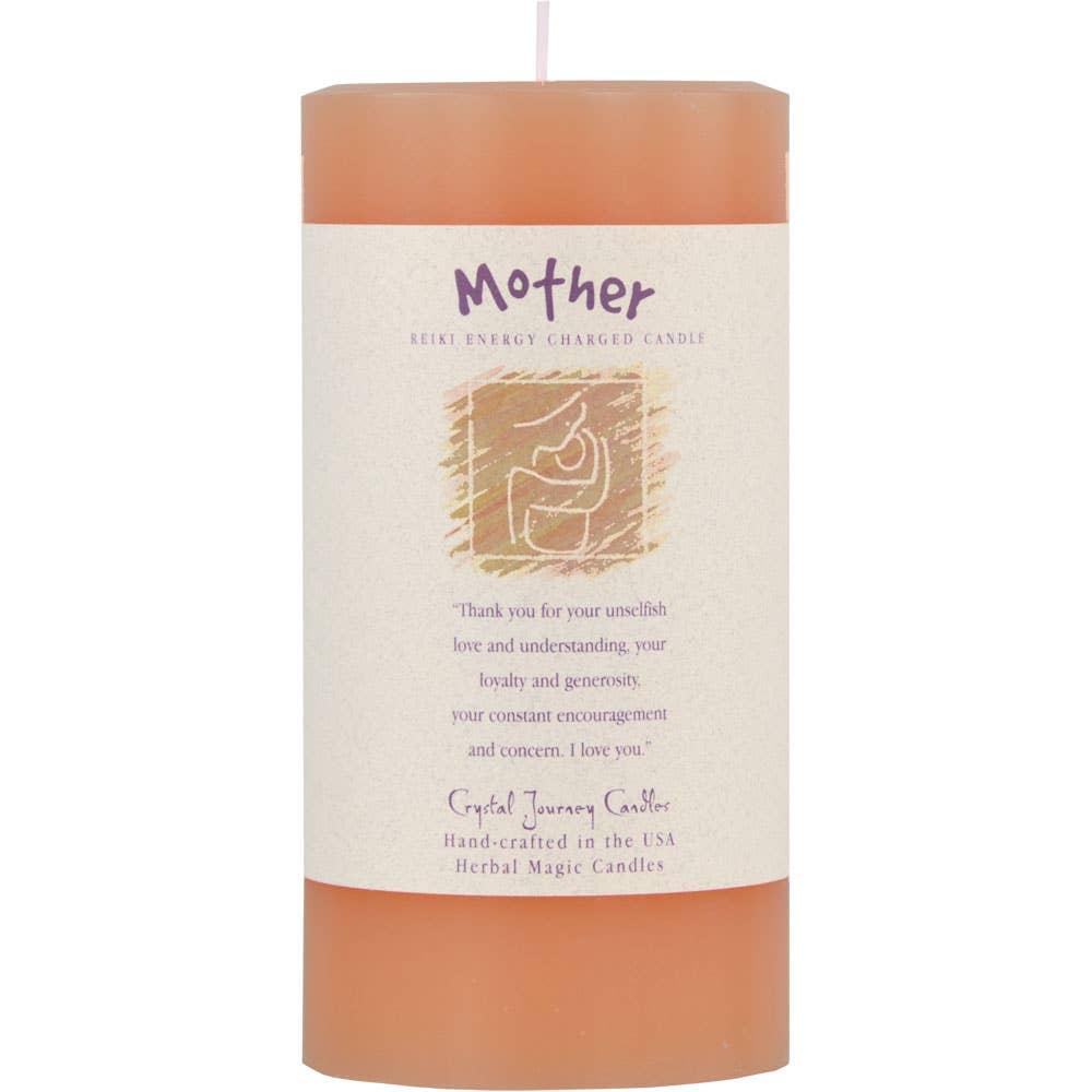 Candle with 'Mother' text and design on a white background