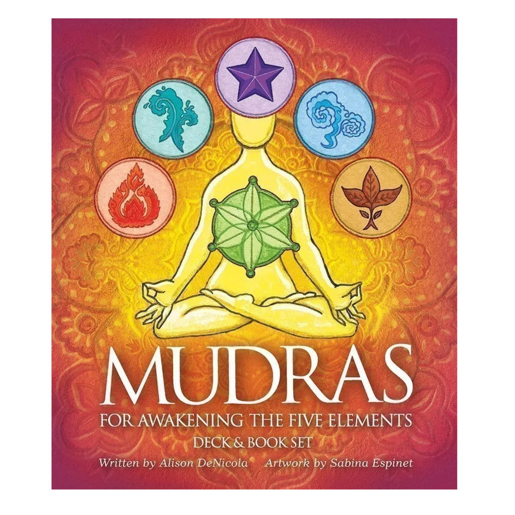 Book cover of 'Mudras for Awakening the Five Elements' with a person in meditation pose and five elemental symbols.