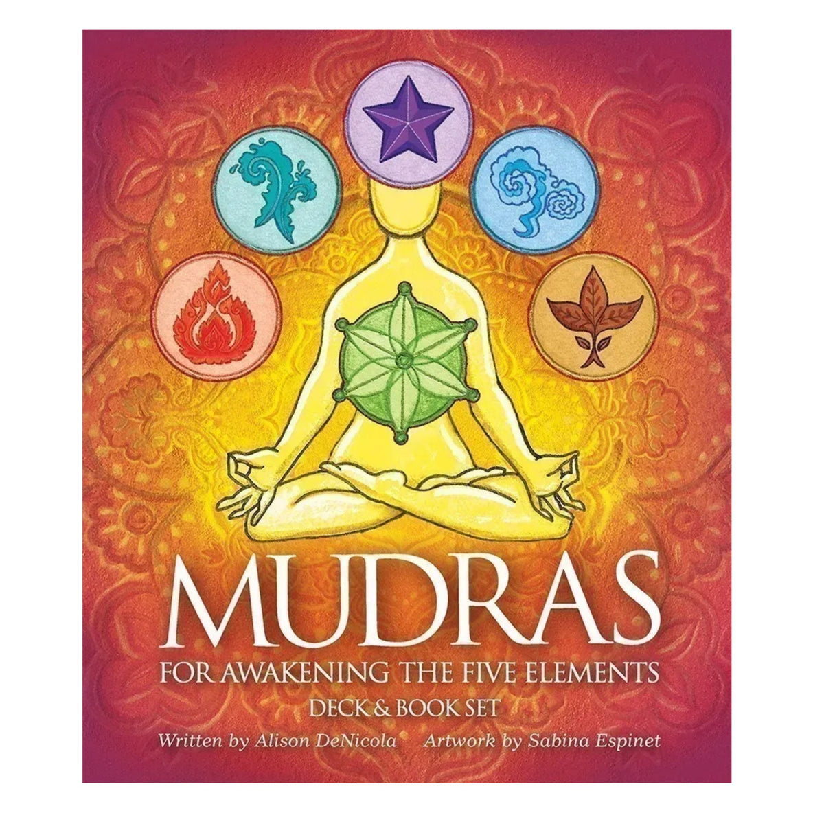 Book cover of 'Mudras for Awakening the Five Elements' with a person in meditation pose and five elemental symbols.