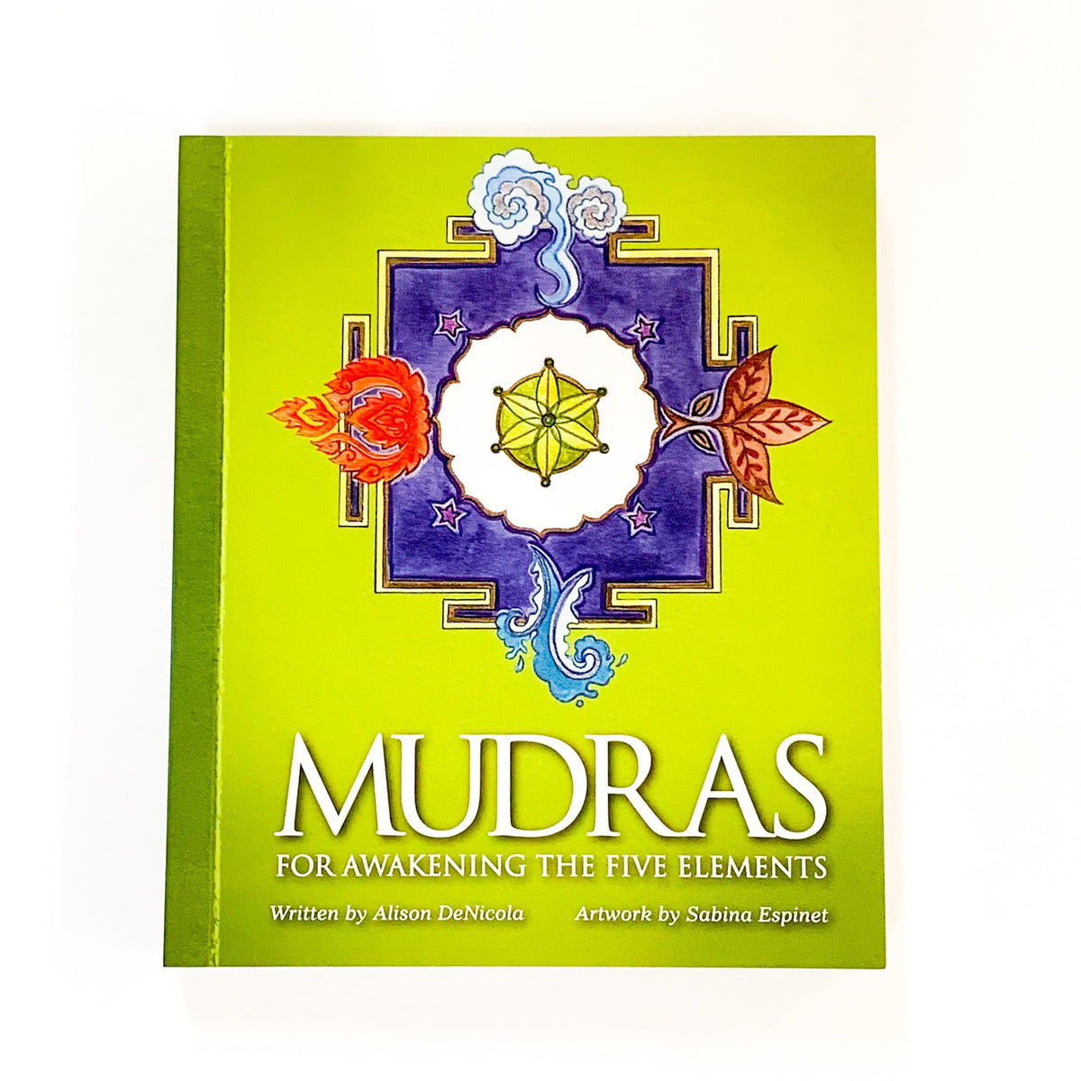 Book titled 'Mudras for Awakening the Five Elements' with colorful design on a green background