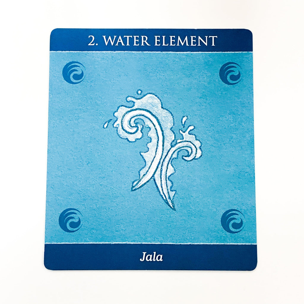 Card labeled '2. Water Element' with a water-themed design on a blue background