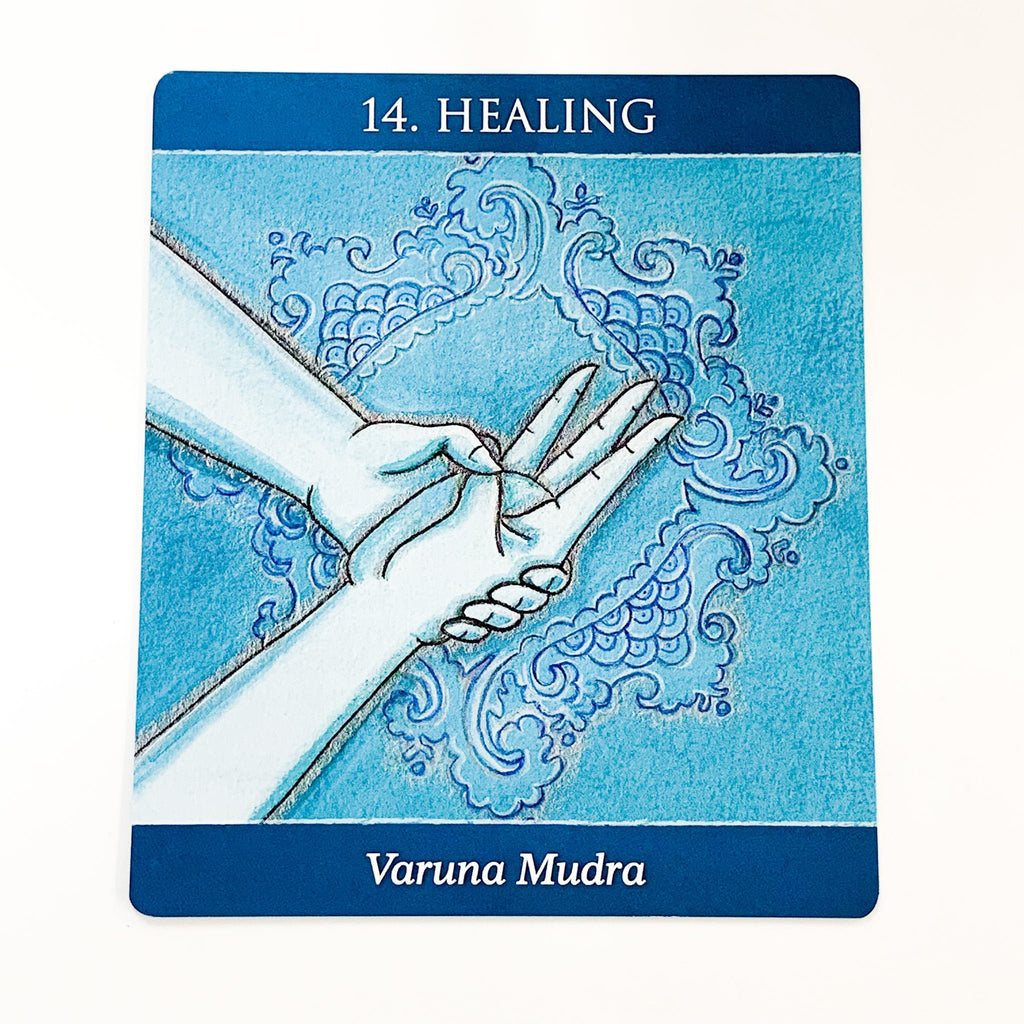 Card with hands performing Varuna Mudra against a blue background, labeled '14. Healing'.