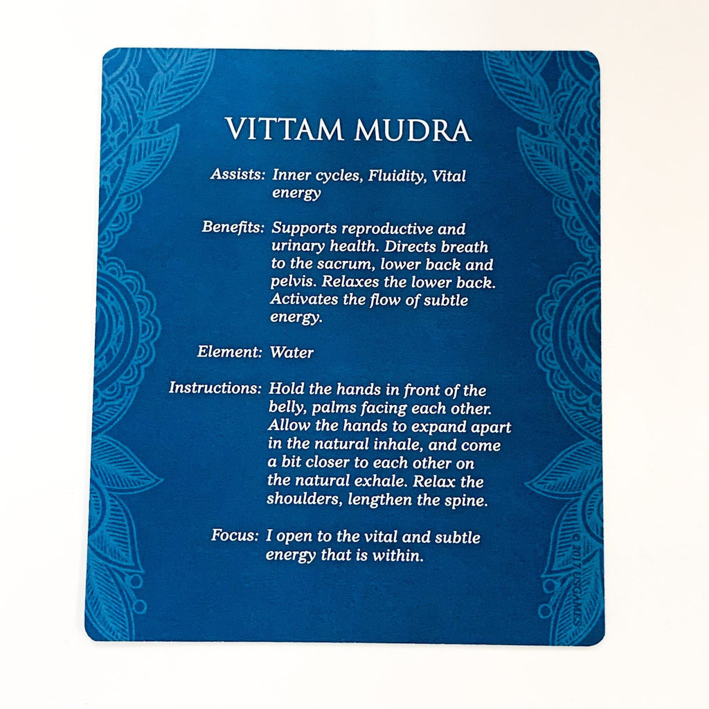 Blue card with Vittam Mudra instructions and details on a white background